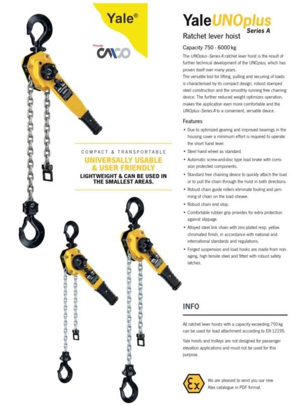 YALE Ratchet Lever Hoist Model UNOplus 1500; 1,500 kg / 1.5tons Capacity